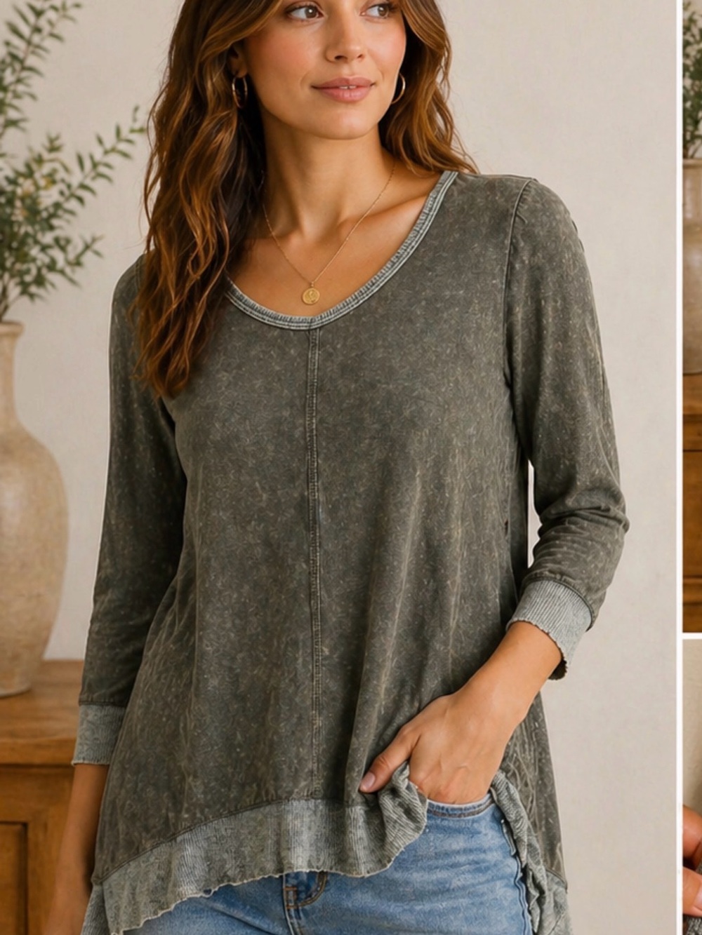 Boho Washed Tunic Top Olive Green Hi-Low Flowy Relaxed Fit Boutique Medium